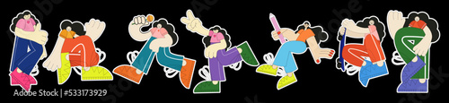 Retro cartoon characters emo girls. 90's hippie stickers in groovy style. Set of comic elements in trendy vintage funky style.Vector illustration