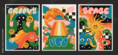 groovy posters of the 90s. Cartoon psychedelic style. Bright hippie and retro elements. Travel landscapes, UFO, sun rays, space, cacti, bad trip. Vector collection of banners
