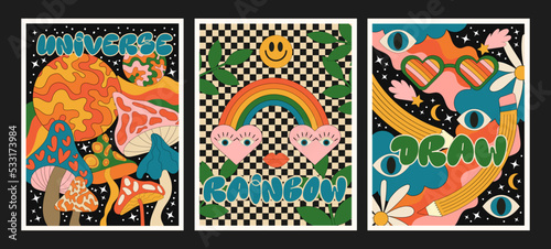 groovy 90s posters. Cartoon psychedelic style. Bright hippie and retro elements. Travel landscapes, mushrooms, rainbow, rays, space, flowers, bad trip. Vector collection of banners