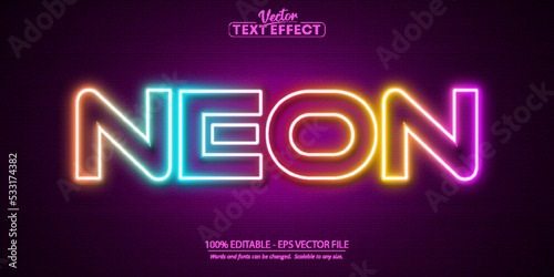 Neon glowing text effect, editable neon light text style isolated on brick wall background