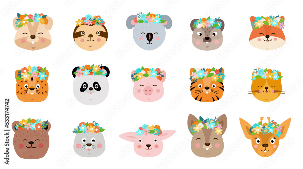 Cute animals. Cartoon baby faces. Flower wreath crowns. Birthday rabbit head. Smiling koala and cat. Children pets. Bear or fox muzzle. Summer kids stickers set. Vector illustration