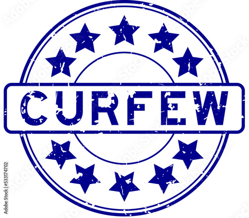 Grunge blue curfew word with star icon round rubber seal stamp on white background