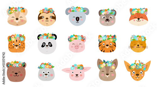 Cute animals. Cartoon baby faces. Flower wreath crowns. Birthday rabbit head. Smiling koala and cat. Children pets. Bear or fox muzzle. Summer kids stickers set. Vector illustration