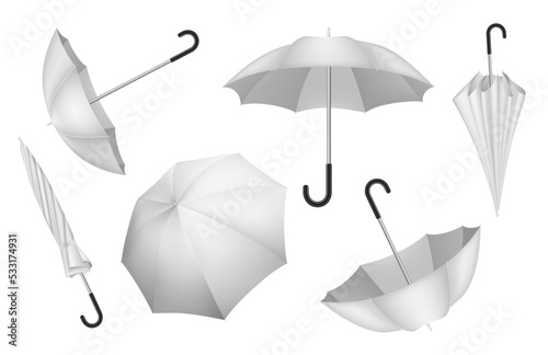 White umbrella mockup, 3d design. Sunshine opened and closed parasol marketing branding mock up. Plastic black handle blank empty waterproof textile 3d elements. Vector promo product template