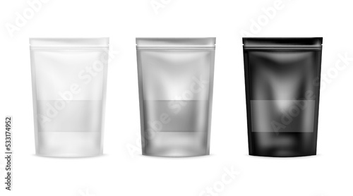 Pouch bag package. Clear white, aluminium and black packaging mockup. Kraft coffee doypack. Transparent plastic merchandise containers. Zipper sachet front view. Vector product packs set