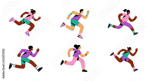 People run. Human action runners in marathon  man and woman do exercises  girl and boy in fast sprint. Bright sportswear contemporary person. Vector illustration cartoon flat characters