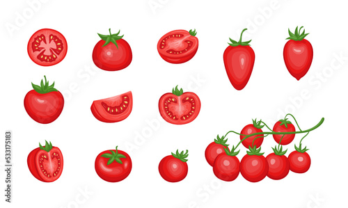 Cherry tomato icons. Red fresh raw vegetables with green stems, whole half and flat slices. Simple food drawing. Natural product group. Ketchup and cooking ingredient. Vector cartoon set