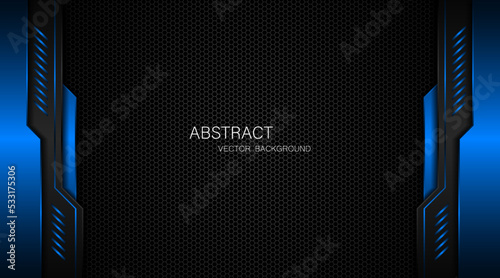Dark steel mesh abstract background with black and blue polygon shapes, free space for design. modern technology innovation concept background
