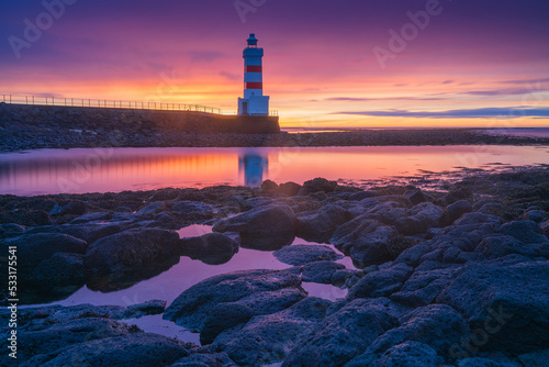 The Old Gardur Lighthouse is located in Iceland on the northern point of the Reykjanes Peninsula.