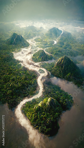 Aerial view of tropical rainforest and river. Climate and nature concept landscape. 3D illustration.