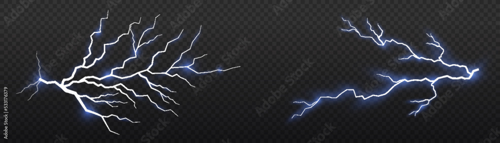 Thunder storm realistic lightning. Sparks electrical and stars. Symbol of natural strength or magic, abstract, electricity and explosion. Light effect and lighting. Glow blue sparkle explosion. Vector