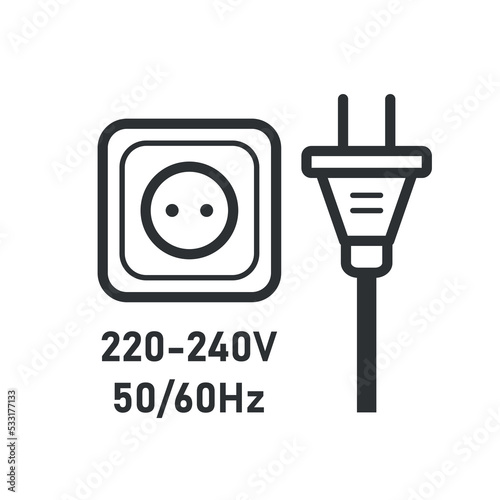 Information sign 220-240 Volt. Socket and plug sign. Vector illustration