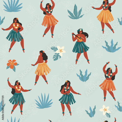Hawaii dance seamless pattern. Girls playing ukulele and dancing Hula. Summer travel Hawaiian print with cute cartoon characters.