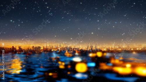 night starry sunset sky bright moon at sea futuristic city blurred light on horizon reflection on sea water wave nebula light seascape art