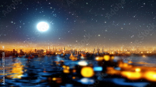 night starry sunset sky  bright moon at sea futuristic city blurred  light on horizon reflection on sea water wave  nebula light seascape art