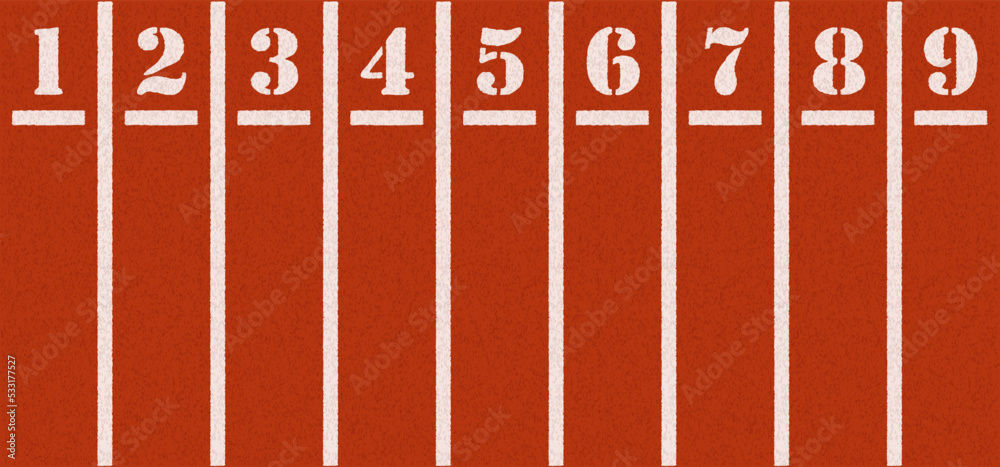 Cartoon running track with lane numbers or track numbers. Place where  people exercise or sport place. lanes of running track. Track and field  sports. Raceway, lines and numbers from top view Stock