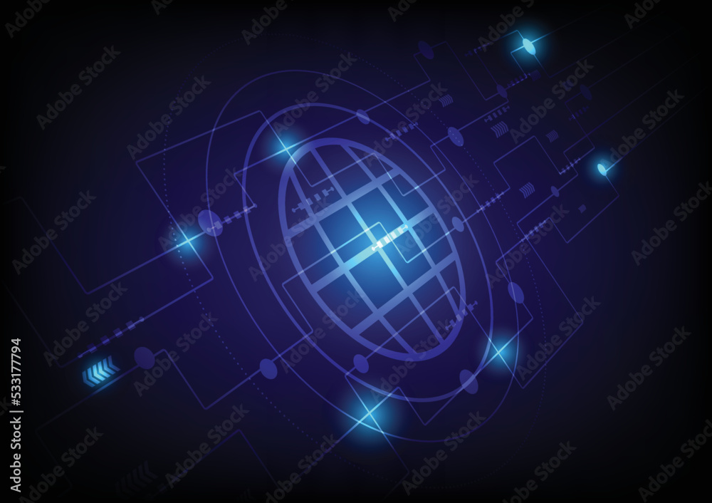 Interface design. Futuristic background with Earth planet, World map, techno screen elements and light effects.