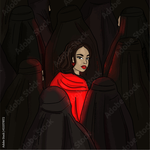 Iranian Woman protestor in red hijab surrounded by women in black hijabs. Arabic Woman showing hair. Iranian woman. Woman solidarity.