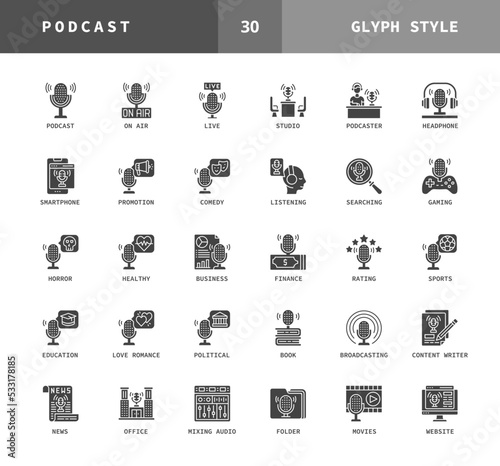 Podcast glyph style icons. Set of studio, business, finance, comedy, horror, politics and more. Can used for digital product, presentation, UI and more. Vector illustration on a white background.