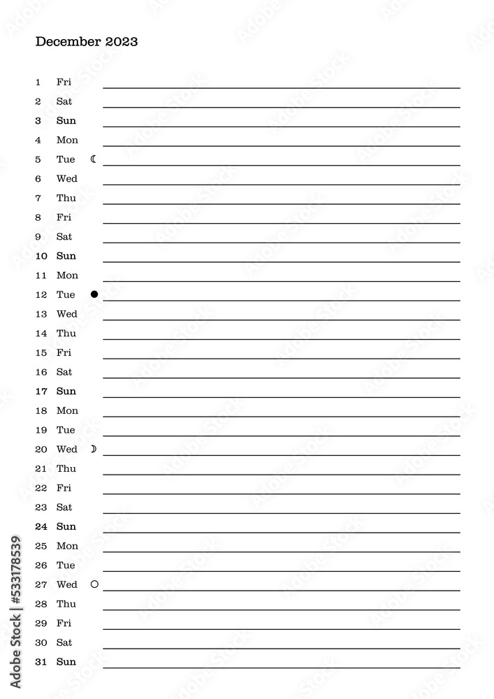 Monthly calendar of year 2023, December Monthly calendar of year 2023, December