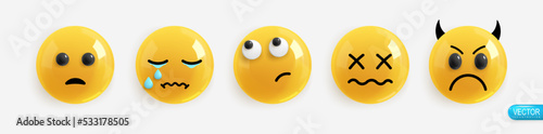 Emotion Realistic 3d Render. Set Icon Smile Emoji. Emotions face surprise, sadness, tears, sideways glance, chagrin, evil. Vector yellow glossy emoticons. Pack 15