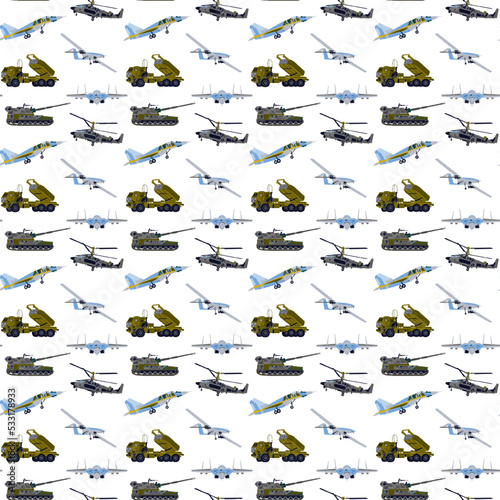 War Transport Seamless Pattern. Vector Illustration of Army Background. © nadinsereda