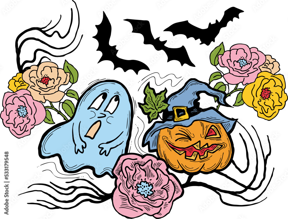 Halloween decorative design vector composition. Pumpkin. ghost, bat. Hand drawn illustration for poster print, party invitation, sale promotion, banner advertisement. Funny, scary cartoon characters.