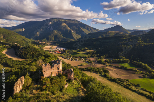 Aerial view of castle ruins in Marche region in Italy 