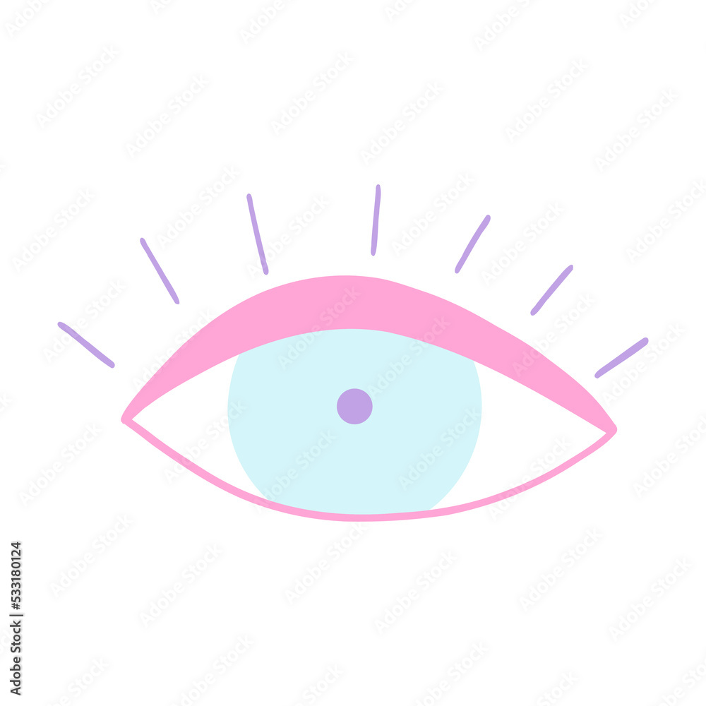 Obraz premium Mystical eye icon in cartoon retro style. Vector illustration of pop sticker, evil eye symbol, talisman in girly pink and blue colors