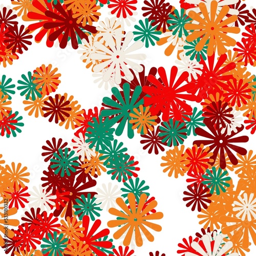 Red, orange, green and beige flowers on teh white background. Seamless pattern, retro style.