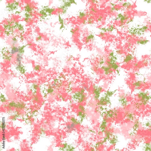Paint splashes with dotted texture. Red and green colors on the white background. Seamless pattern