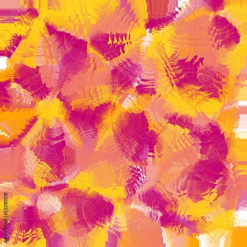 Big orange, yellow and magenta chaotic brush strokes with circles on the water distortion. Abstract background