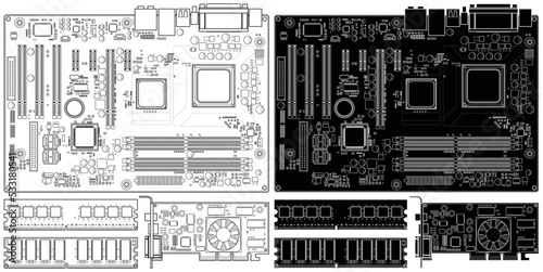 Layered editable vector illustration outline of old computer motherboard, memory and graphics card