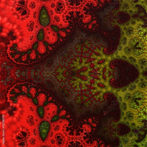 Beautiful multicolored fractal figured pattern with lace effect. Red, brown and green colors. Symmetrical 3d illustration, 3d rendering