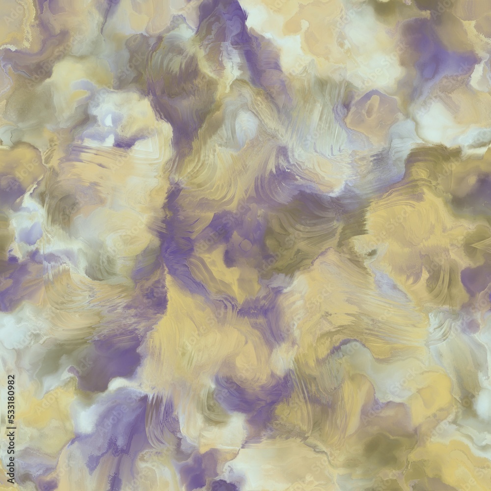 Green, beige, purple, yellow and white colored abstract blurred brush strokes. Oil painting. Seamless pattern
