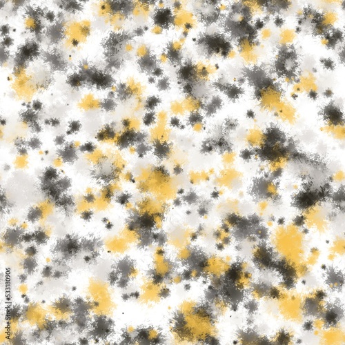 Black, grey and yellow splashes on the white background. seamless pattern. Pattern for wrapping, textile, print.