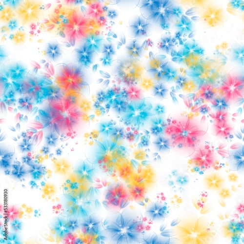 Red, bue and yewllow transparent flowers on the white background. Seamless pattern. Pattern for wrapping, textile, print