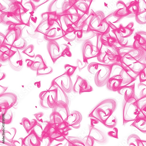 Pink brush strokes in the shape of the hearts. Isolated on white seamless pattern.