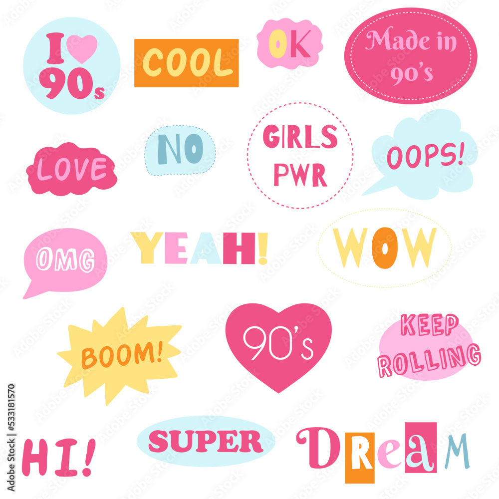 Fashion collection of 90s girly stickers. Vector illustration of hand drawn patches, pins in pink color. Nostalgia 1990