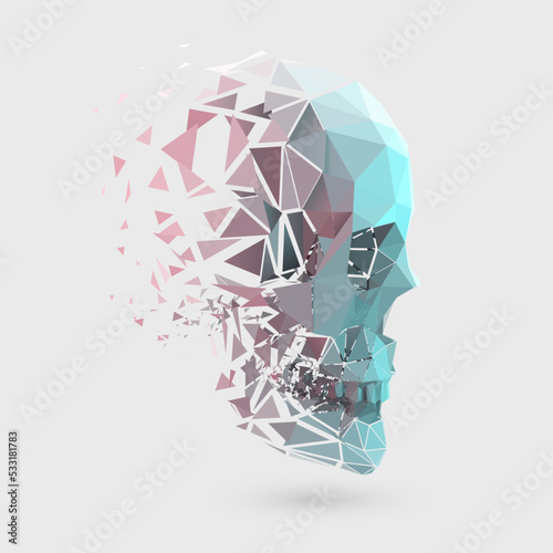 Vector 3D disintegration polygonal skull. Three- dimensional low poly particle fading effect.