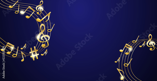 Music notes melody background. Gold notes symbols on dark blue background. Vector.