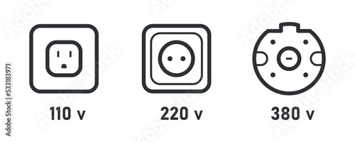Socket power line icon set. 110v, 220v, 380v voltage. Informational sign electric plug symbol. Vector illustration on white background