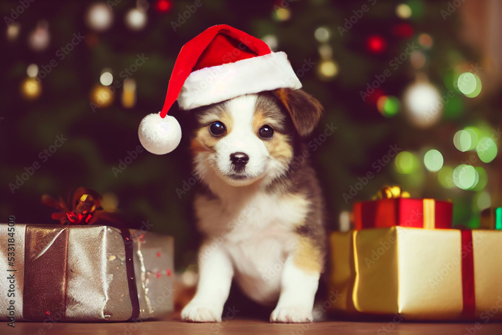 Dog celebrating christmas. Puppy santa claus. Cute  puppy with christmas gifts and santa's hat