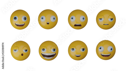Set of emotion faces 3D rendering, transparent background