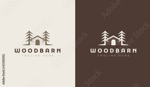 Wooden House Pine Tree Logo Template. Universal creative premium symbol. Vector sign icon logotype