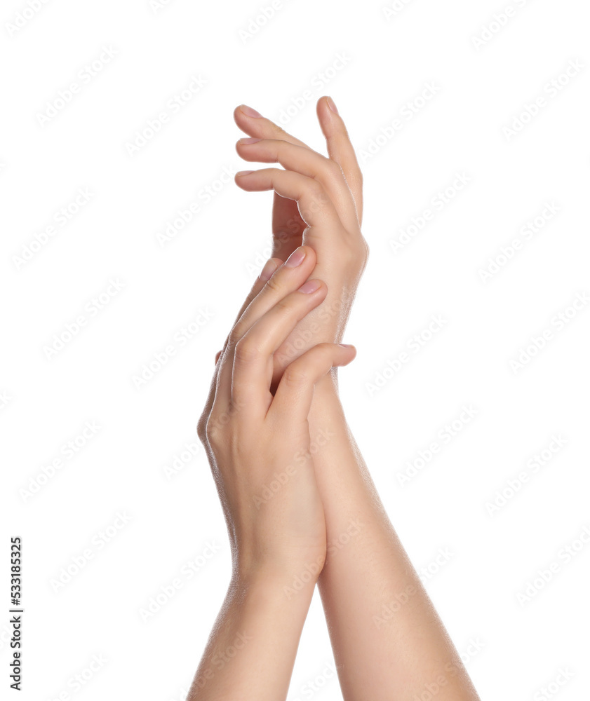 Woman applying cream on hand against white background, closeup Woman applying cream on hand against white background, closeup