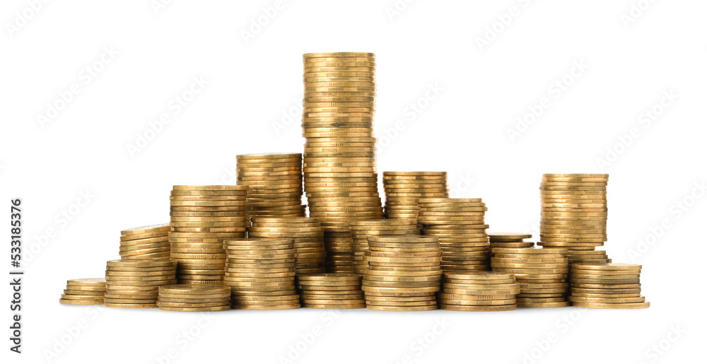 Many golden coins stacked on white background Many golden coins stacked on white background
