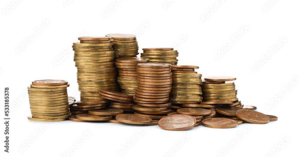 Stacks of different coins on white background Stacks of different coins on white background