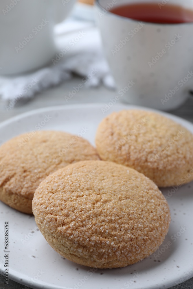 Delicious sugar cookies on plate, closeup view Delicious sugar cookies on plate, closeup view