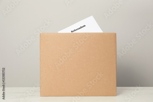 Referendum ballot in box on table against light grey background